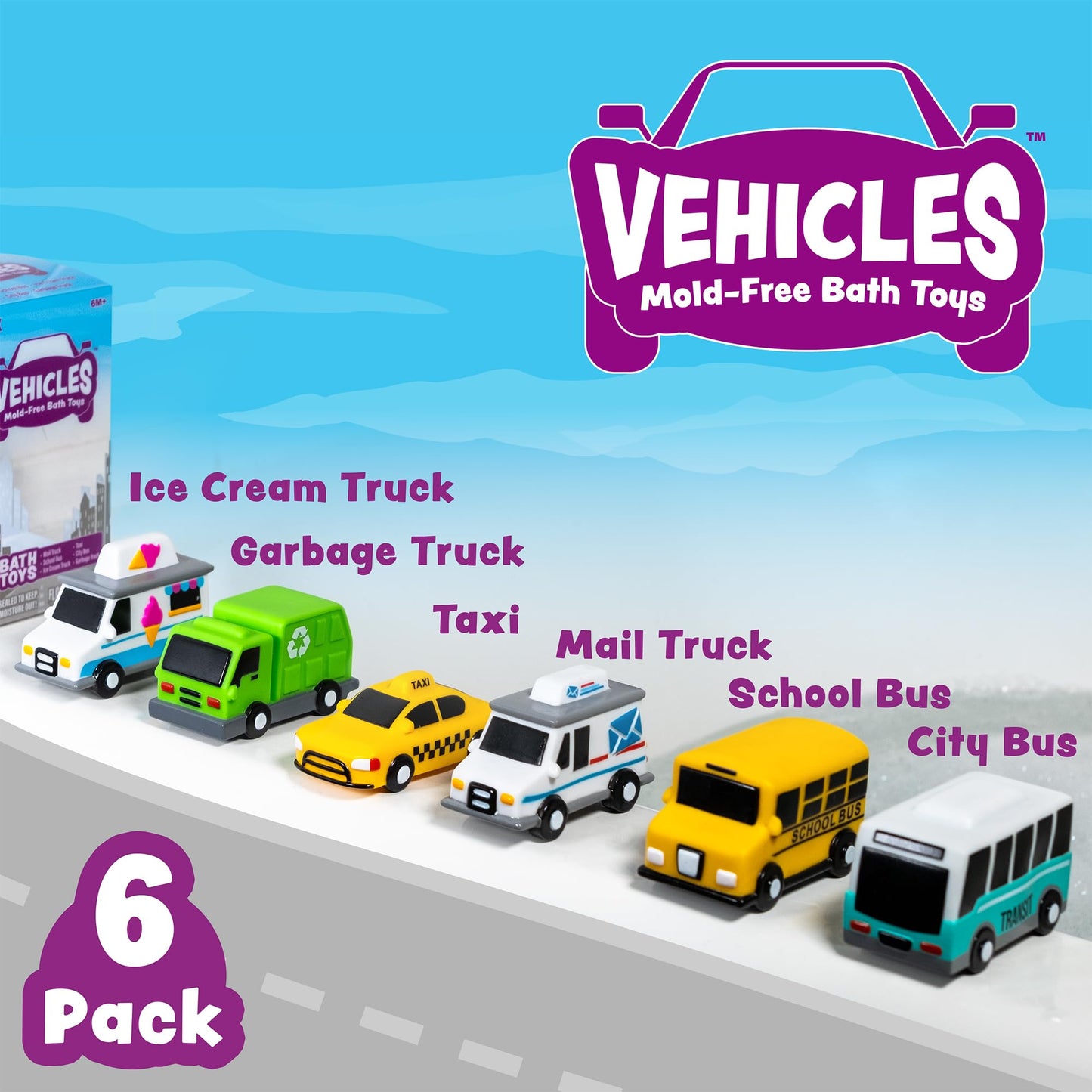 Tub Works® Vehicles™ Bath Cars Mold Free Bath Toys, 6 Pack | Sealed, No Hole Bath Toys Design Keeps Moisture Out | Soft, Squeezable & Float on Water | Fun Baby & Toddler Bath Toys | City Car Bath Toys