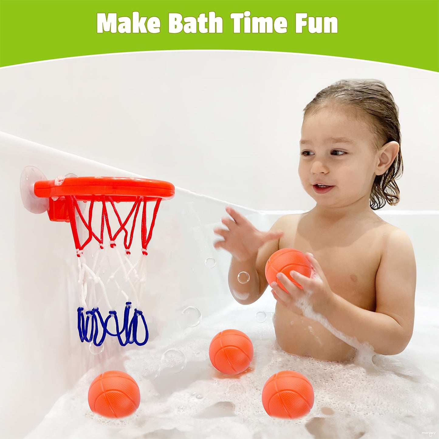 MARPPY Bath Toys - Bathtub Basketball Hoop for Kids Toddlers - Mold Free Bath Toys with Suction Cup & 3 No Hole Balls - Shower Toys and Bathtub Toys for Toddlers - Boys Girls