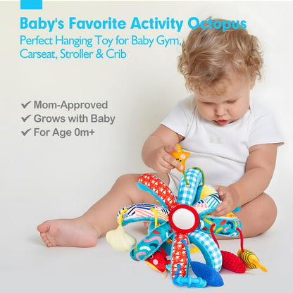 hahaland Baby Toys 0-6 Months - Car Seat Toys Octopus Toy with Pulling Cords, Squeaky, Crinkle, Rattle, Mirror, Montessori Newborn Sensory 4 Month Babies Gift Stroller Carseat Hanging Toy for Baby Gym