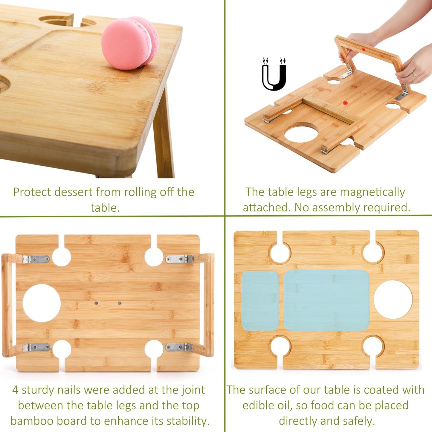 Peohud Portable Wine Picnic Table, Foldable Champagne Picnic Snack Table Tray, Wooden Outdoor Picnic Table with Glass Holder for Park, Beach, Camping, Bed, Wine Lover Gift