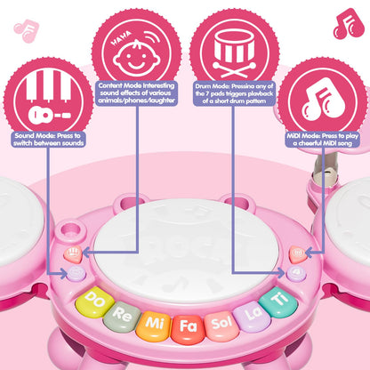 Toddler Drum Set for Kids 1-3, Baby Drum Set 1 Year Old with Light-Up Microphone, Musical Instruments Montessori Learning Toys for 6 9 12 18 Months, Birthday Gift for Boys Girls（Pink）