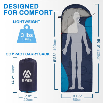 Elevon Sleeping Bag for Adults Teens Kids Cold Warm Weather, Portable Waterproof & Lightweight, Compact with Compression Sack, for 3-4 Seasons Camping, Backpacking, Hiking, Travel, Indoors Outdoors