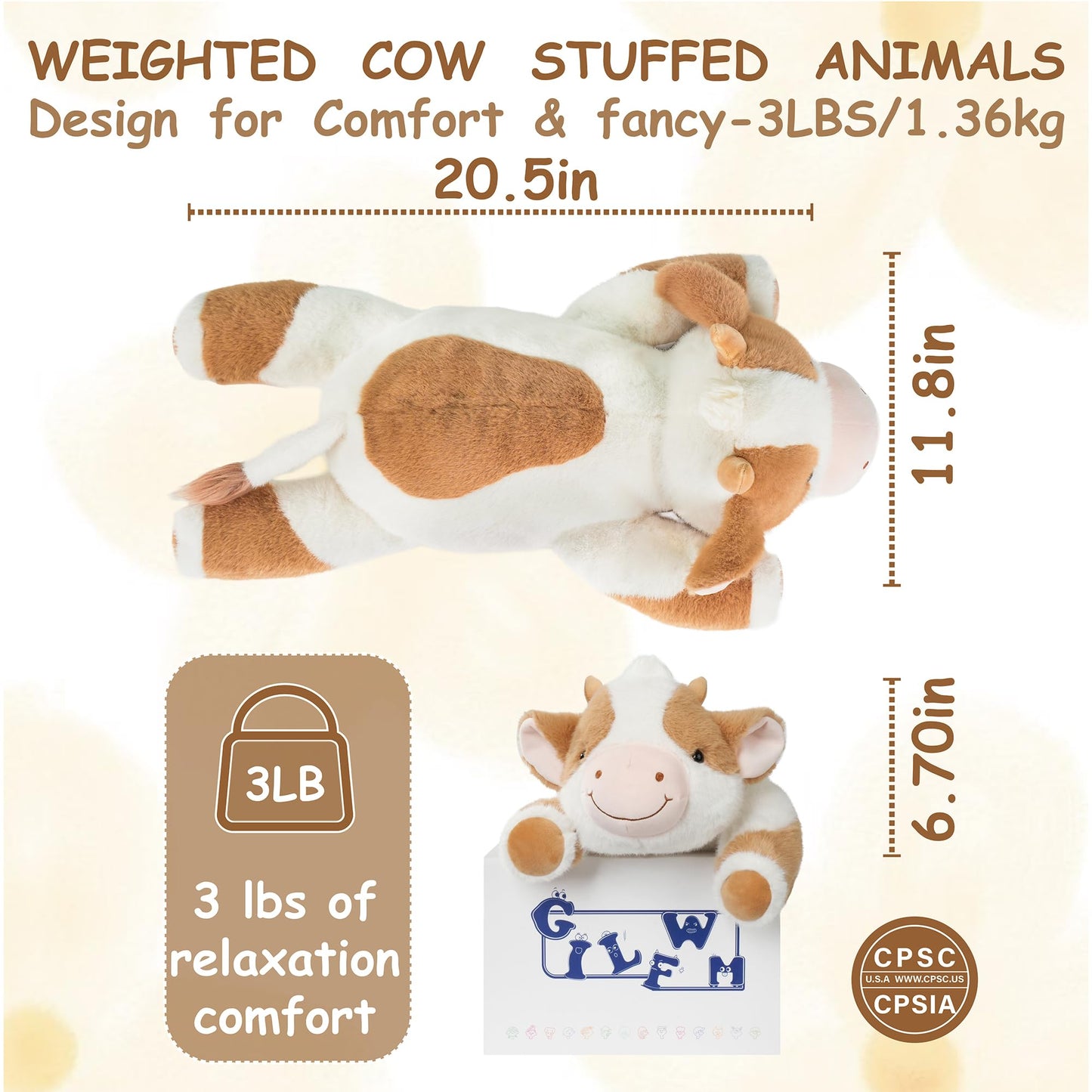 GILFWM Weighted Stuffed Animals Cow - 20.5" Cute Toy Pillow Plushie Gifts for Kids Boys Girls & Adults, 3 lbs Soft Washable Plush Pillowfort