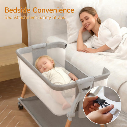 LookBaby Baby Bassinet, 4-in-1 Rocking Bassinet Beside Crib for Baby, One-Click Foldable Bedside Sleeper for Newborn, Travel Bassinet with 5 Heights, Soft Mattress and Hanging Toys for Infant