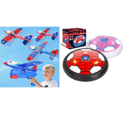 HitToys Airplane Launcher Toy for Kids&Hover Soccer Ball Toy for Kids, 3 Pack Spider Foam Gliders Air Planes,2 Pack Indoor Soccer Ball with Led Light for Old Boys Girls Outside Sport Games Birthday