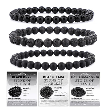 NCB 3-Piece 6mm Natural Crystal Gemstone Stretch Bracelets – ﻿Black Lava, Black Onyx, Matte Black Agate Handmade Reiki Energy Healing Jewelry for Meditation,Yoga, Unisex