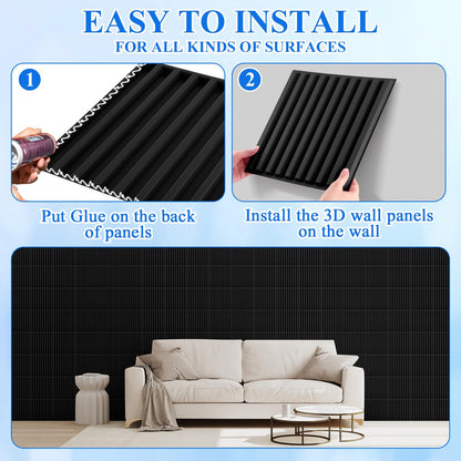 Nuanchu 32 Pcs 3D Slat Wall Panels, 12"x12" PVC Fluted Wall Paneling for Interior Decor, Paintable Waterproof Textured Tiles for Living Room TV Background Gaming Room, 32 Sq. ft Coverage (Black)