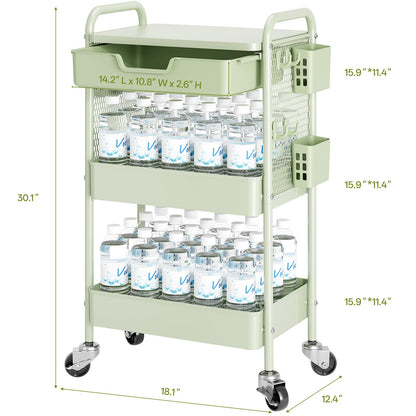 3 Tier Metal Rolling Utility Cart with Drawer & Pegboard - Multifunctional Storage Cart on Wheels with Tabletop, Hooks & Basket, Sturdy Craft & Art Cart for Bathroom, Bedroom, Children Room, Green