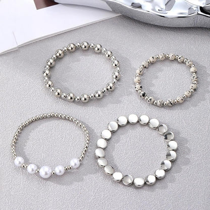 Mexegy Layered Silver Plated Pearl Beaded Stretch Bracelet for Women,Stacked Disc Coin Bead Elastic Bracelets Bohemian Party Holiday Jewelry Accessories Gift(Silver)
