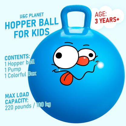 U&C Planet Hopper Ball, 22 inches Bouncy Ball with Handle for Kids Age 7-12, Hoppity Hop Sit and Bounce Jumping Hopping Toy with Pump & Gift Box, Great Gift for Birthday Christmas, Blue Emoji