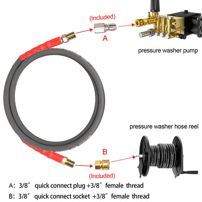 Heliwoo Pressure Washer Whip Hose 5FT, 3/8'' Reel Connector for Power Washer, 248°F Hot Water Jumper with 3/8'' Quick Connect Adapter Set, Steel-Braided-4800 PSI