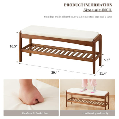 STDDRE Shoe Rack Bench Entryway Bamboo Shoe Storage Bench with Leather Cushion 2 Tiers Shoe Rack Entryway Bench for Hallway, Living Room,Bedroom(Beige Bench top+Brown Frame)