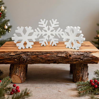 Oeyliz Winter Wooden Snowflake 3 PCS Christmas Wooden Snowflakes Decor Winter Table Decoration Wooden Snowflake Blocks Standing Table Sign Tiered Tray Decoration Xmas Indoor Home Mantle Tabletop Decor