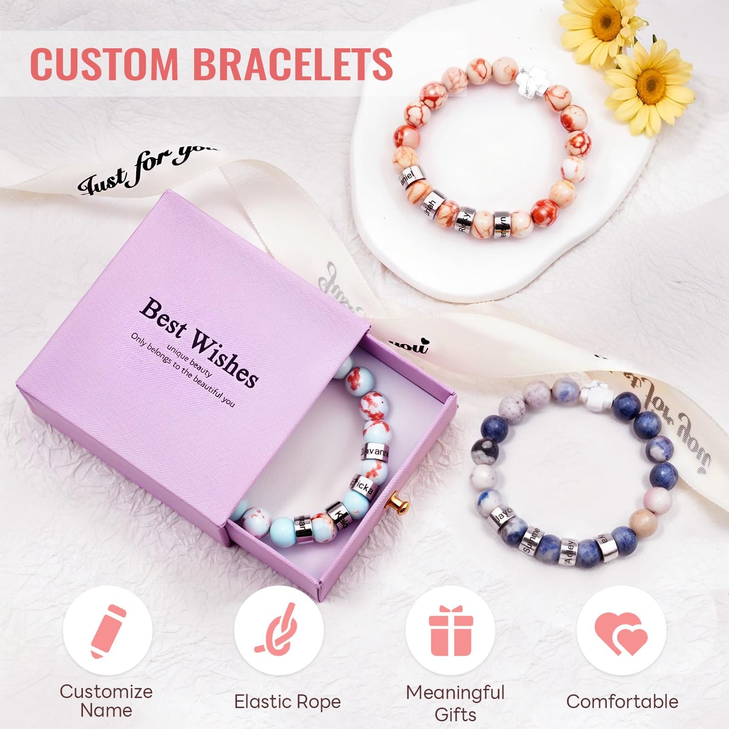 Custom Name Bracelet, Personalized Beaded Bracelets with 1-4 Engraved Names, Chakra Bracelet Natural Stone Bracelet for Women Men, Meaningful Birthday Gifts for Couples Friends Parents