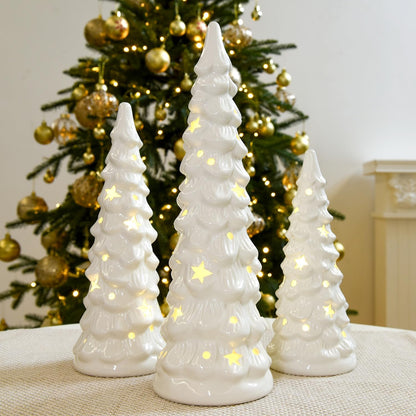 JETEHO Set of 3 White Ceramic Christmas Trees Tabletop Christmas Tree with Stars and Dots Cutouts Ceramic White Christmas Decorations for Home