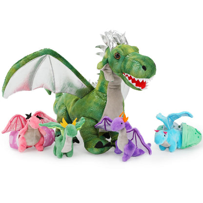 Karister 7Pcs Giant Green Dragon Plush Toy Set, 21.7" Big Mother Dragon Stuffed Animal with 4 Babies & 2 Eggs, Stuffed Dinosaurs for Kids Boys Girls, Cute Soft Plushies Gift for Birthday Christmas