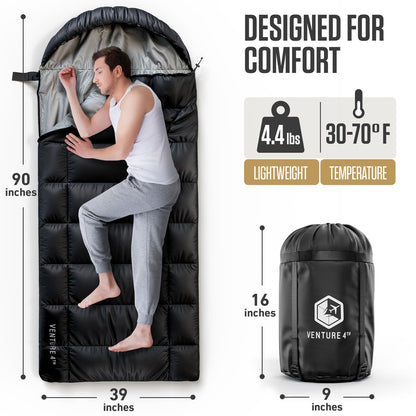 VENTURE 4TH 3-Season XXL Backpacking Sleeping Bag, Camping Sleeping Bags for Adults & Kids - Lightweight, Comfortable, Water Resistant, Ideal for Hiking, Camping & Outdoor - Black