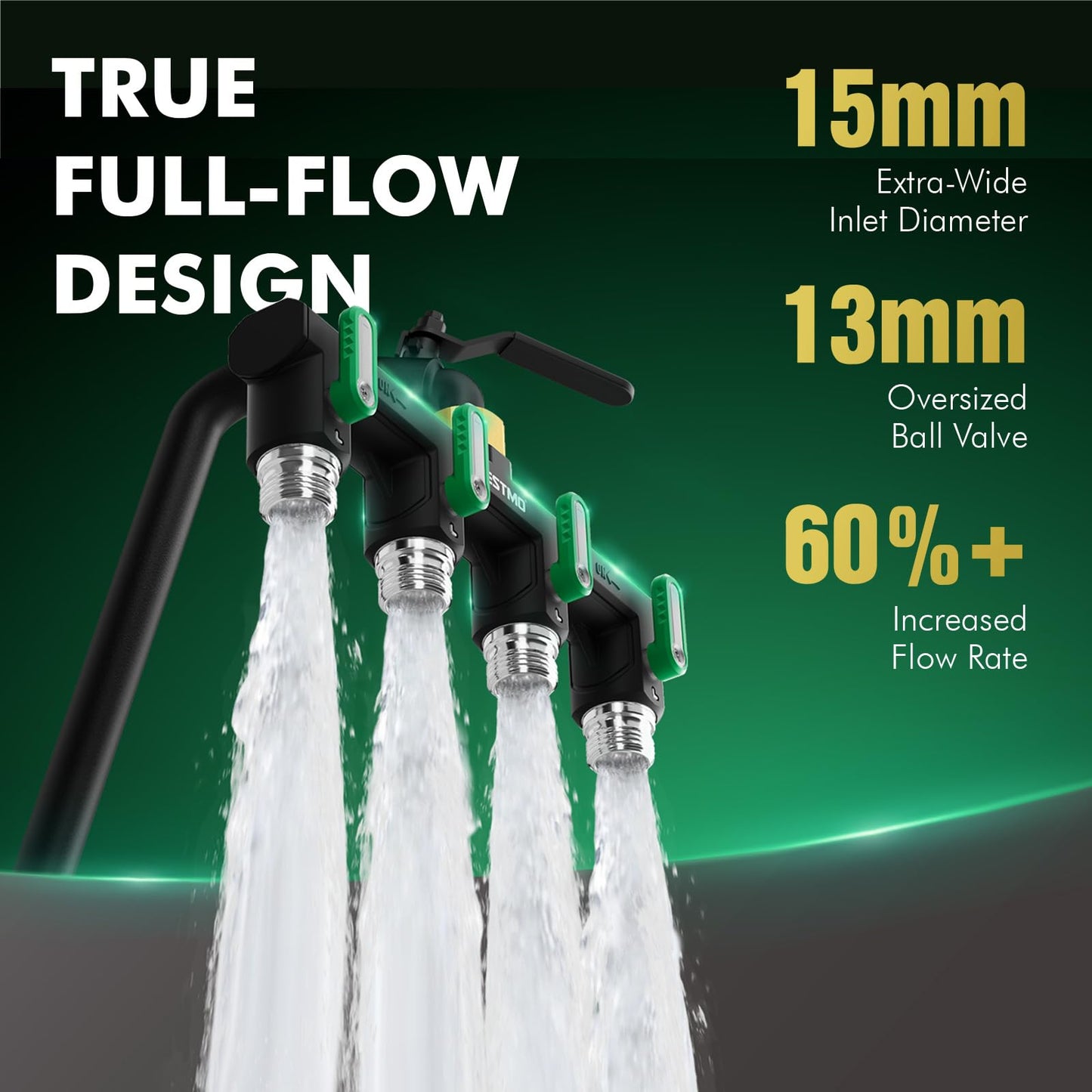 Restmo 4 Way Garden Hose Splitter Heavy Duty Full Metal Body, Full Flow Design with Oversized Ball Valve, Outdoor Faucet Spigot Adapter with Extended Levers, 3/4" GHT Thread - Green