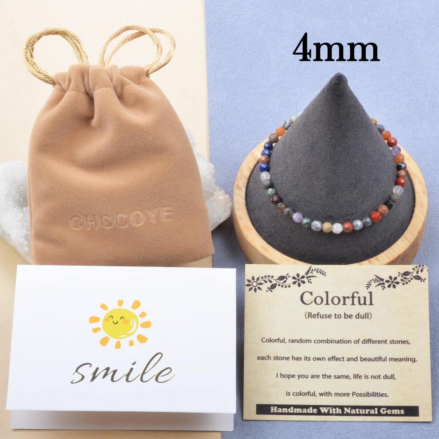 CHCCOYE 4mm Handmade Adjustable Natural Gemstone Crystal Bracelet Healing Power Energy Inspirational Gifts with Card for Unisex (Faceted Colorful)