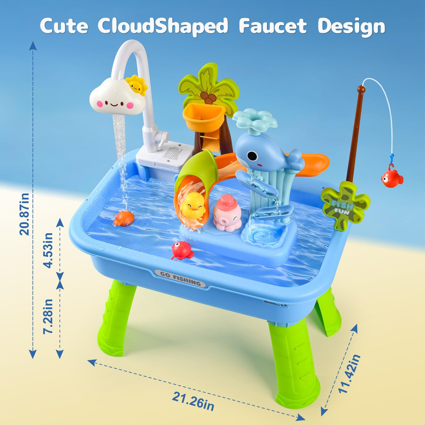Hanyutom 2026 Upgraded Toddler Sand Water Table Toy with Electric Water Pump, Kids Sand Water with Faucet/Play Food Accessories/Fishing Toy, Kitchen Play Sink Toys for Girl Boy Age 3+ (Blue)