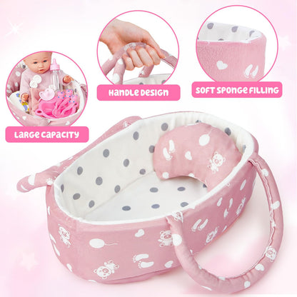 Golray 12" Soft Baby Doll Set with Accessories Bassinet Carrier, 13 Pcs First Toddlers Realistic Baby Doll Crib with Pillow/ Clothes/ Feeding Kit, Pretend Play Toy Birthday Gift for Girls Ages 3 4 5 6