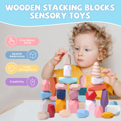 YHHYTOY 48 PCS Wooden Stacking Rocks Stones Building Blocks, Montessori Toys for 3+ Year Old Preschool Learning Activities Balancing Stacking Game, Birthday Gifts for 3 4 5 6 Year Old Girls Boys Kids
