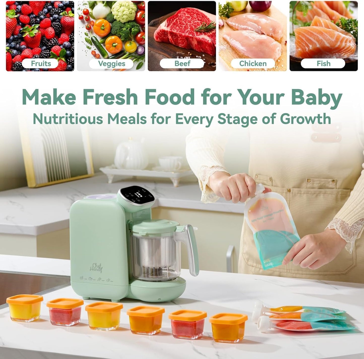Chefhandy Baby Food Maker with Stainless Steel Steam Basket | 5-in-1 Baby Food Processor, Steamer & Blender for Homemade Baby Food, BPA-Free, 6 Reusable Pouches, Ideal for Newborns & Infants, Green