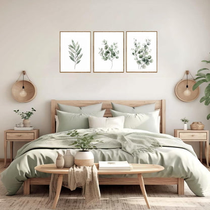 Sage Green Botanical Canvas Wall Art Poster Set of 3, Eucalyptus Leaf Pictures Wall Decor Paintings, Minimalist Plant Prints Aesthetic Home Decor for Living Room Bedroom Bathroom 12x16 inch Unframed