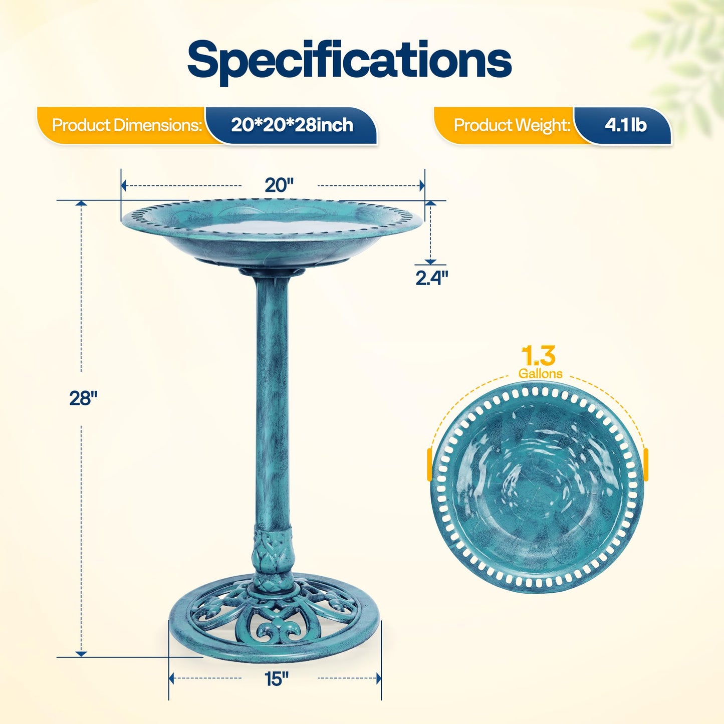 VIVOHOME Bird Bath for Outside, Polyresin Pedestal Bird Baths for Outdoor, Garden, 28 Inch Height Weather-Resistant Birdbaths with 20" Bowl, Blue