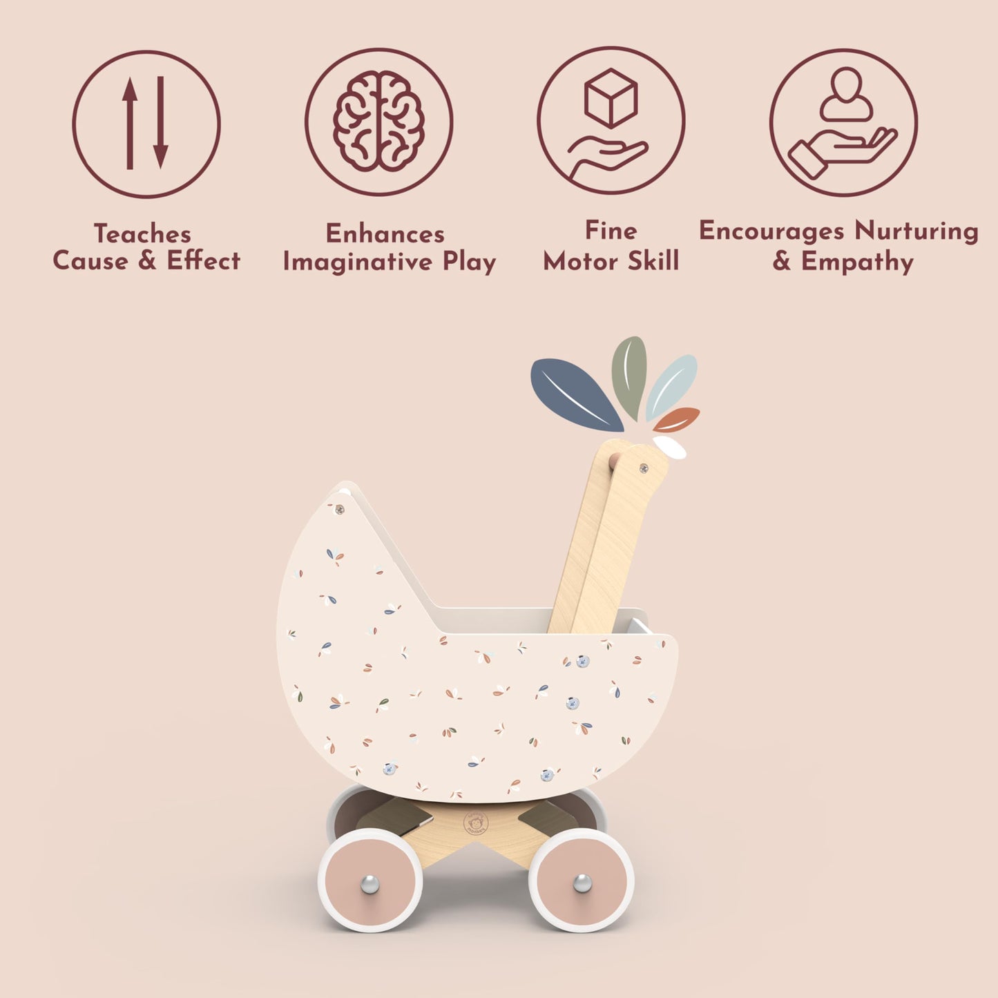 SPEEDY MONKEY Wooden Doll Stroller Pram | Pretend Play Push Toy for Toddlers | Kids’ Baby Doll Walker with Soft Bedding | Durable Role-Play Stroller for Imaginative Play & Nursery Decor