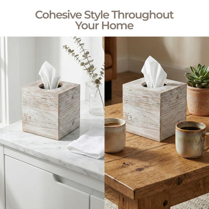 White Barnwood Tissue Box Cover: 2 Pack Tissue Box Holder Includes Slide-Out Bottom Panel, Stylish Tissue Box Cover Square Perfect for Farmhouse Bathroom Decor