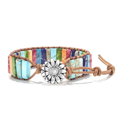 Fashion Gemstone Handmade Jewelry Multicolor Yoga Friendship Boho Leather Rectangle Stone Healing Sunflower Button Wrap Bracelet