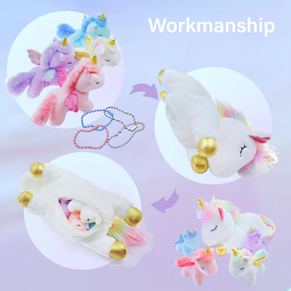 YUNCOL Unicorn Stuffed Animal,Cute Unicorn Mommy Stuffed Animal with 4 Baby Unicorns Plush in Tummy,Kawaii Unicorn Plush Toy Gift for Kids Girls Boys