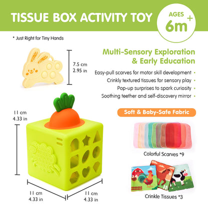 hahaland Silicone Baby Tissue Box Toy - Baby Toys 6-12 Months Montessori Toys for 6 Month Old Babies, 6-in-1 Soft Busy Activity Cube with Scarves, Crinkle, Textures, Mirror, Sensory Popper 9 Month Old