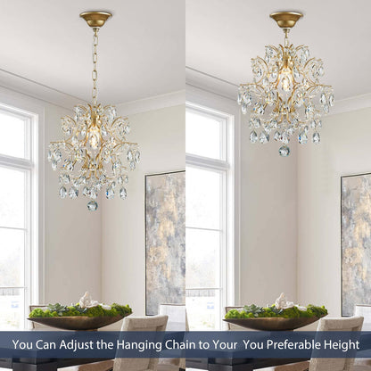 Bestier Gold Modern Pendant Chandelier Crystal Raindrop Lighting Ceiling Light Fixture Lamp for Dining Room Bathroom Bedroom Livingroom entryway 1 E26 Bulbs Required D13 in x H16 in