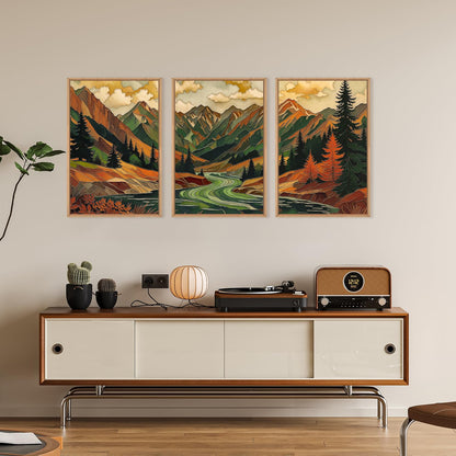 HPINUB Abstract Boho Mountain Framed Canvas Wall Art Set,Vibrant Forest Pine Tree Wall Decor,Textured Landscape Artwork Rustic Linear Scenery Art Print for Living Room,Bedroom,Office-24 x36 x3