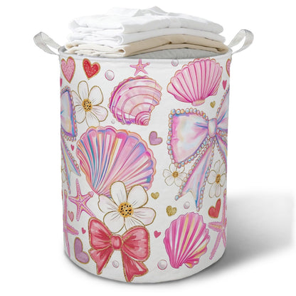 TAZSWDMM Preppy Bow Coastal Beach Laundry Basket Hamper, Coquette Seashell Starfish Ocean Foldable Clothes Toys Books Storage Box Bins Baskets Organizer for Girls Dorm Room Bathroom Home