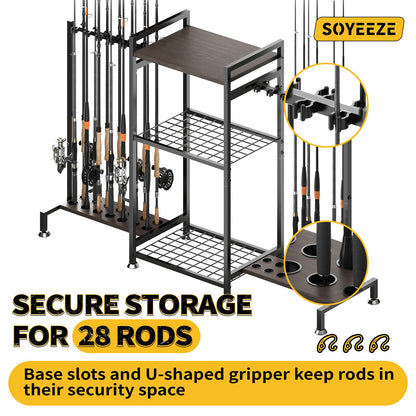SOYEEZE Fishing Rod Holder for 28 Rods, Ground Stand Fishing Pole Holders for Garage, 3-Sided Vertical Fish Rod Rack for Tackle Box, Fishing Supplies,a Display Fish Gear Storage Gift