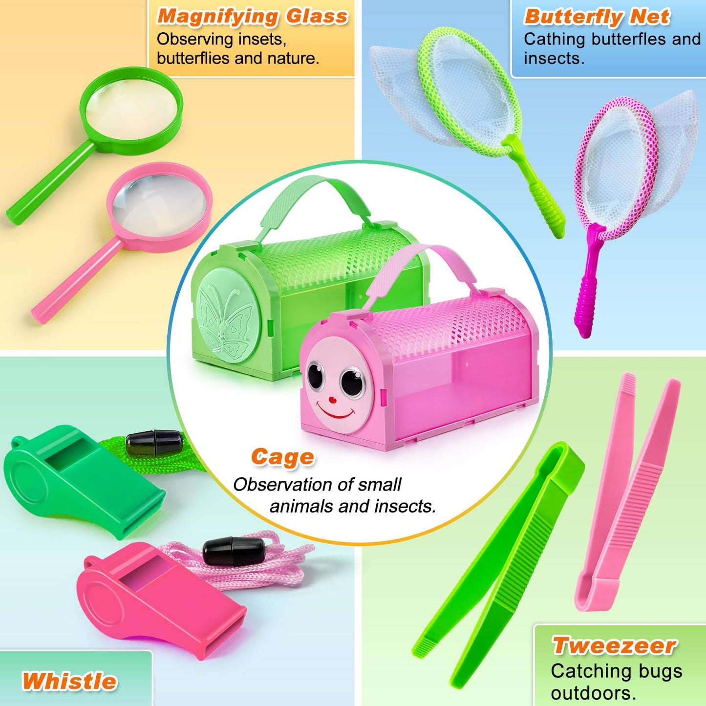 YOPINSAND Bug Catcher for Kids, 10 Pcs Outdoor Exploration Kit with 2 Cages, Tweezers, Magnifying Glass, Nets, Whistles - Gift for Boys & Girls Aged 3-12