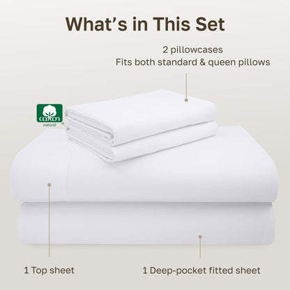 California Design Den Full Size Bed Sheets Set - Luxury 600 Thread Count 100% Cotton Sateen, Deep Pockets with All Around Elastic for a Snug Fit, Durable Bedding Set - White
