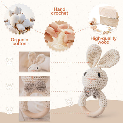 Handmade Crochet Easter Bunny Wooden Baby Rattle Toy for 0-6 Months - Organic Stuffed Animal for Newborn
