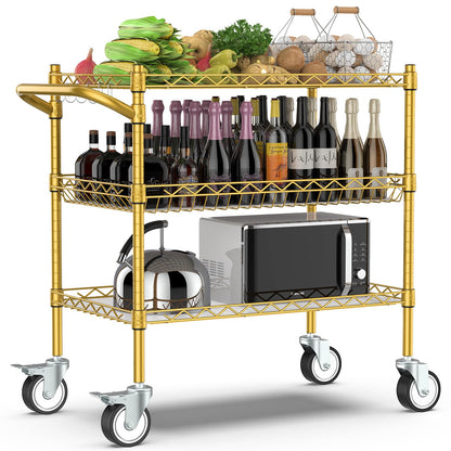 Leteuke 3 Tier Rolling Carts with Wheels,Heavy Duty Utility Bar Cart,NSF Commercial Grade Metal Cart with Handle&Shelf Liner,Trolley Serving Cart for Kitchen,Restaurant,Plant Display,Gold