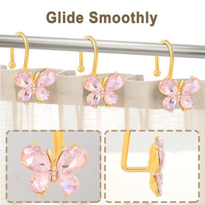 LUMITI Shower Curtain Hooks,12Pcs Rust Resistant Glitter Crystal Butterfly Metal Decorative Shower Rings Hangers for Bathroom Curtains, Clothing, Towels (Pink)