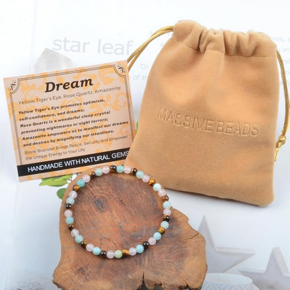 MASSIVE BEADS Yellow Tiger's Eye Rose Quartz Amazonite - Dream Handmade Handmade Yoga Stretch Elastic Bracelet Natural Stone Crystal Healing Power Energy Gifts for Unisex Adult 4mm