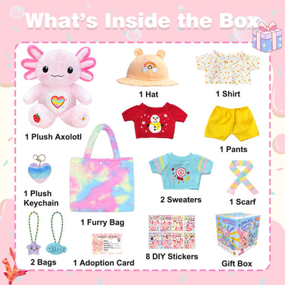 KUMANEKO Cute Axolotl Plush Gift Set with 12 Pcs Axolotl Stuffed Animal Clothes & Accessories, 13-Inch Axolotl Toy, 5/6/7/8/9/10-12 Year Old Girl Birthday Gift