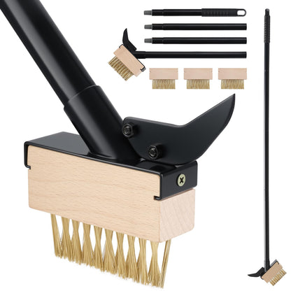 Mitclear Weed Moss Remover Brush with Long Handle(50IN), Crack Weeder Moss Removal Tool with Wire Brush & Scraper, Weed Puller Crevice Cleaning, Remove Weeds on Roof Deck Driveway Paver(4 Brushes)