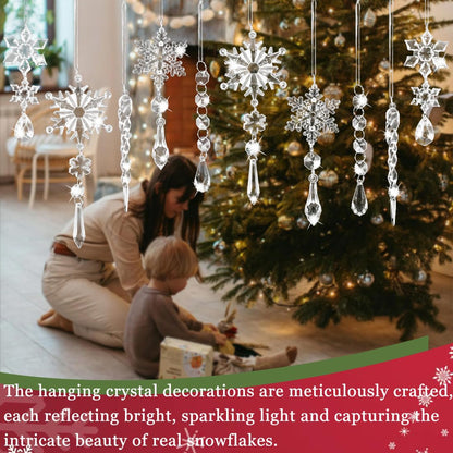 10PCS Crystal Ornaments for Christmas Tree, Hanging Christmas Acrylic Snowflake Icicle Ornaments with Drop Pendants, Crystal Snowflake Ornament for Xmas Party Winter Wonderland New Years