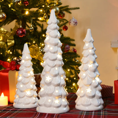 JETEHO Set of 3 White Ceramic Christmas Trees Tabletop Christmas Tree with Stars and Dots Cutouts Ceramic White Christmas Decorations for Home