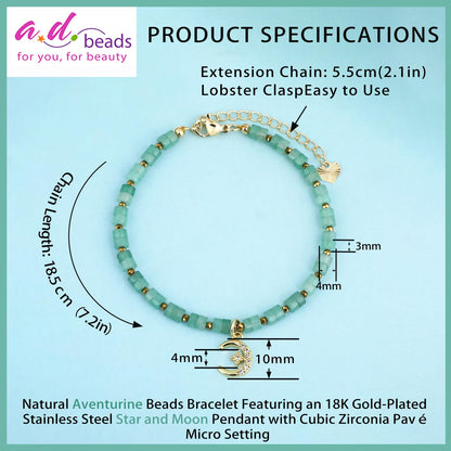 Natural Gemstone Healing Crystal Aventurine Dainty Charms Star and Moon Bracelet Adjustable Chain Extender Minimalist Jewelry