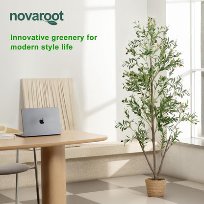 Olive Trees Artificial Indoor, 7FT Tall Faux Olive Tree with Moss and Planter, Artificial Plants Indoor with Natural Wood Trunk and Lifelike Fruits, Fake Tree for Home Office Living Room Decor